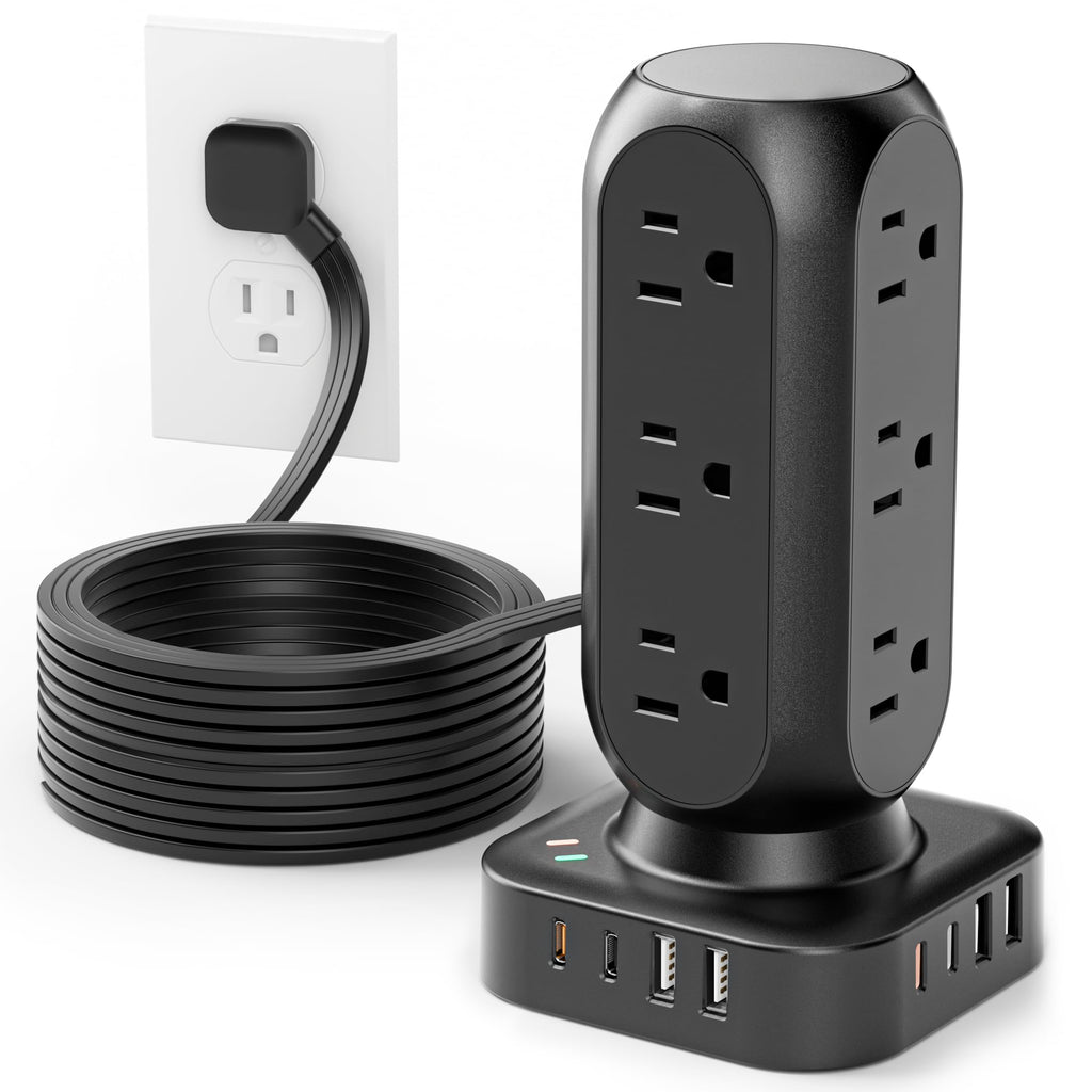 Flat Plug Power Strip Tower, TenTrend Dual PD 20W USB-C Charger Tower with 12 AC Outlets & 8 USB Ports (4 USB C), 40W Total Fast Charging Station, 10FT Extension Cord for Desk Office Dorm Room