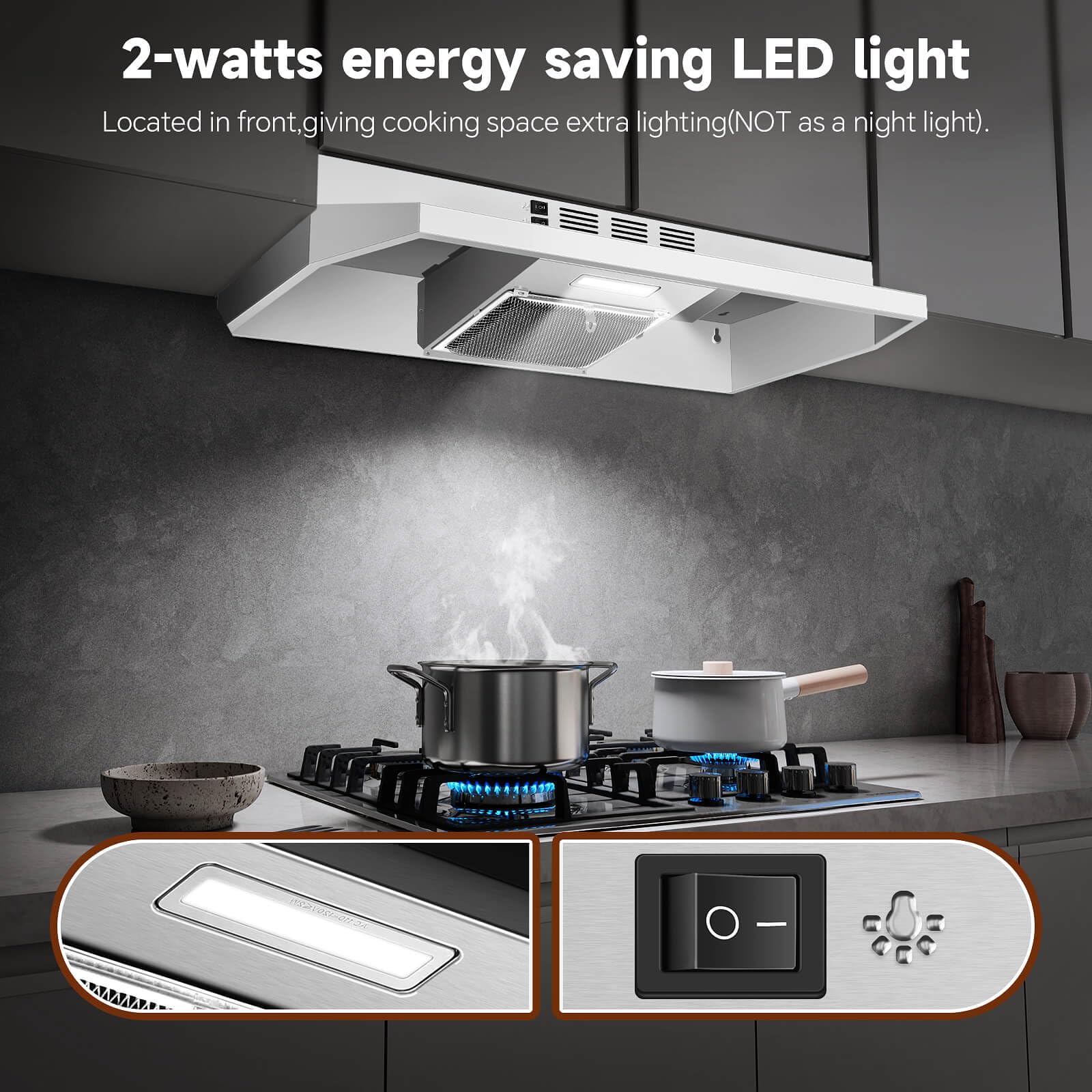 SNDOAS Black Range Hood 24 inch,Ducted/Ductless Range Hood Under Cabinet,Black Coating Stainless Kitchen Exhaust Hood with 2-speed Fan,230 CFM,Rocker Switch,Hard-wired Stove Vent, Ventless Hood