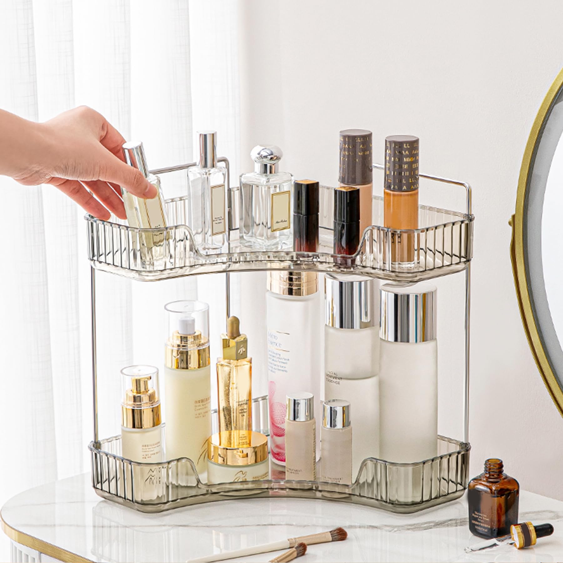 Aveniee Corner Bathroom Counter Organizer, Bathroom Countertop Shelf Makeup Organizer for Vanity Perfume Tray for Corner Storage (2 Tiers, Gold)
