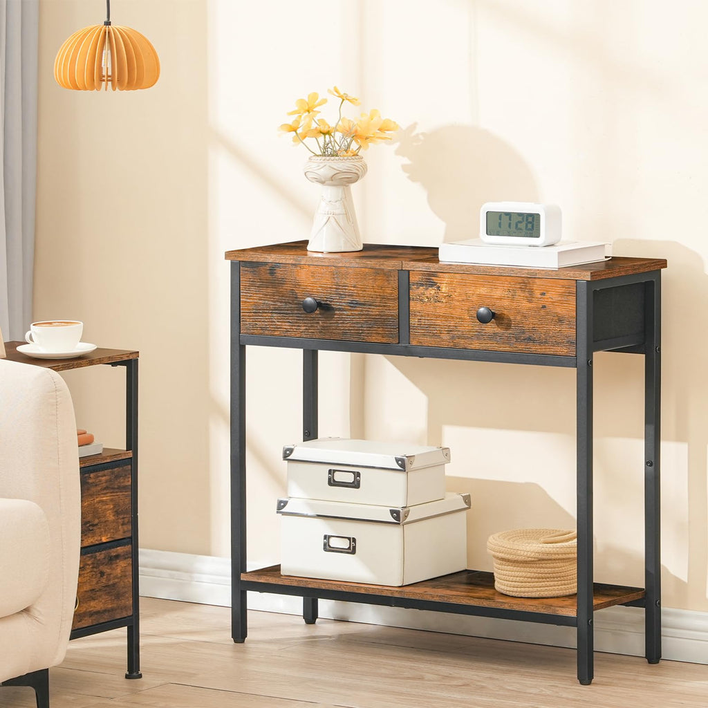 HOOBRO 29.5" Narrow Console Table with 2 Fabric Drawers, Small Entryway Table with 2-Tier Storage Shelves, Sofa Table, Behind Couch Table, for Living Room, Hallway, Black BB71XG01
