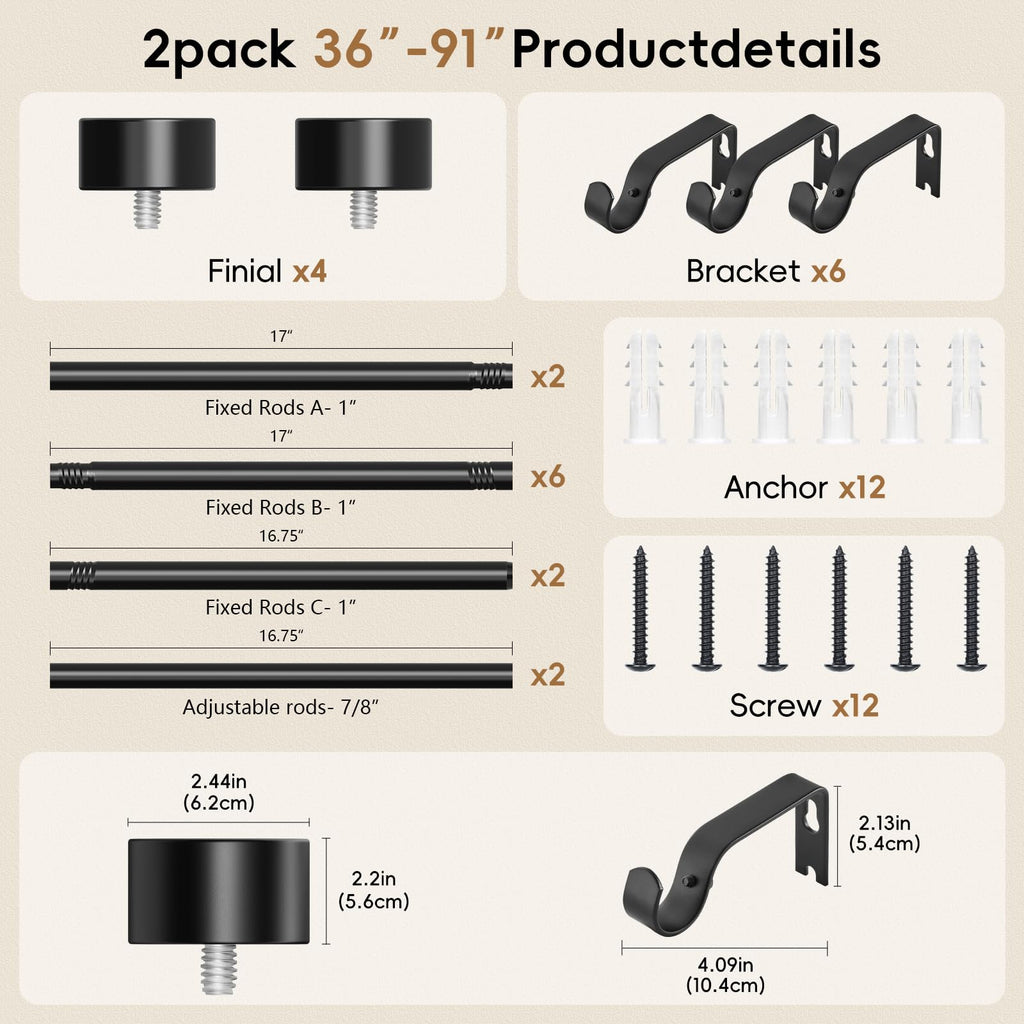 OLV Black Curtain Rod 36 to 45 Inch, 1 Inch Adjustable Modern Curtain Rods for Windows, Decorative Heavy Duty Window Treatment Rods with End Cap Finials, Telescopic Splicing Drapery Pole, Easy Install