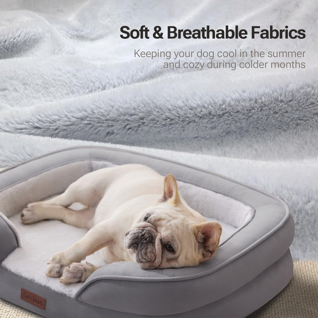 Soft Touch Orthopedic Dog Bed for Large Dogs with Faux Fur Top, Waterproof Pet Couch Bed with Removable Washable Cover and Supportive Foam Filling (Grey, Large)