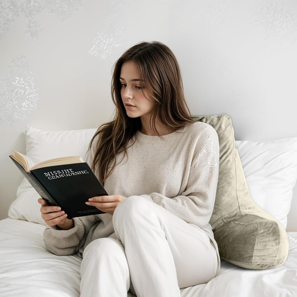OAISZ Reading Pillow for Sitting in Bed Adult, Reading Pillow with Shredded Memory Foam, Bed Pillow with Washable Cover, Back Pillow Sitting Up with Extend Arms, Beige, X-Large