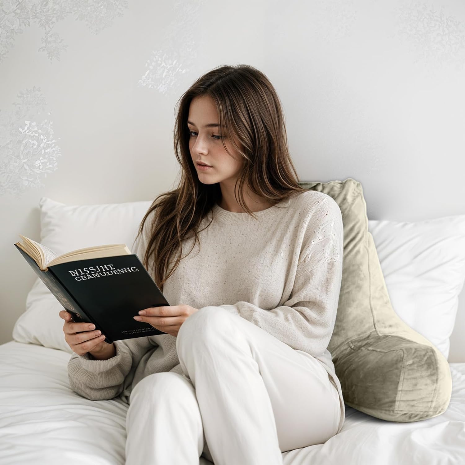 OAISZ Reading Pillow for Sitting in Bed Adult, Reading Pillow with Shredded Memory Foam, Bed Pillow with Washable Cover, Back Pillow Sitting Up with Extend Arms, Beige, X-Large