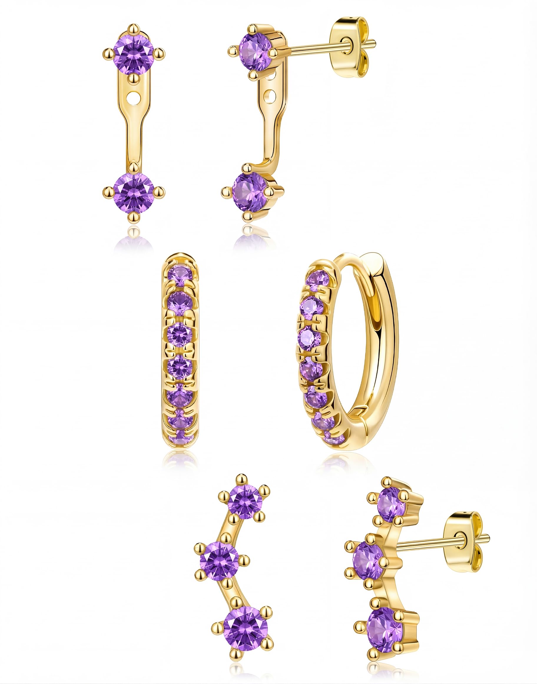 3 Pairs Dainty Small Earrings Set for Women Trendy, Birthstone Stud Huggie Hoop Jacket Stack for Cartilage Helix, Gold Plated Hypoallergenic Cute Women Fashion Accessories Western Jewelry Gifts