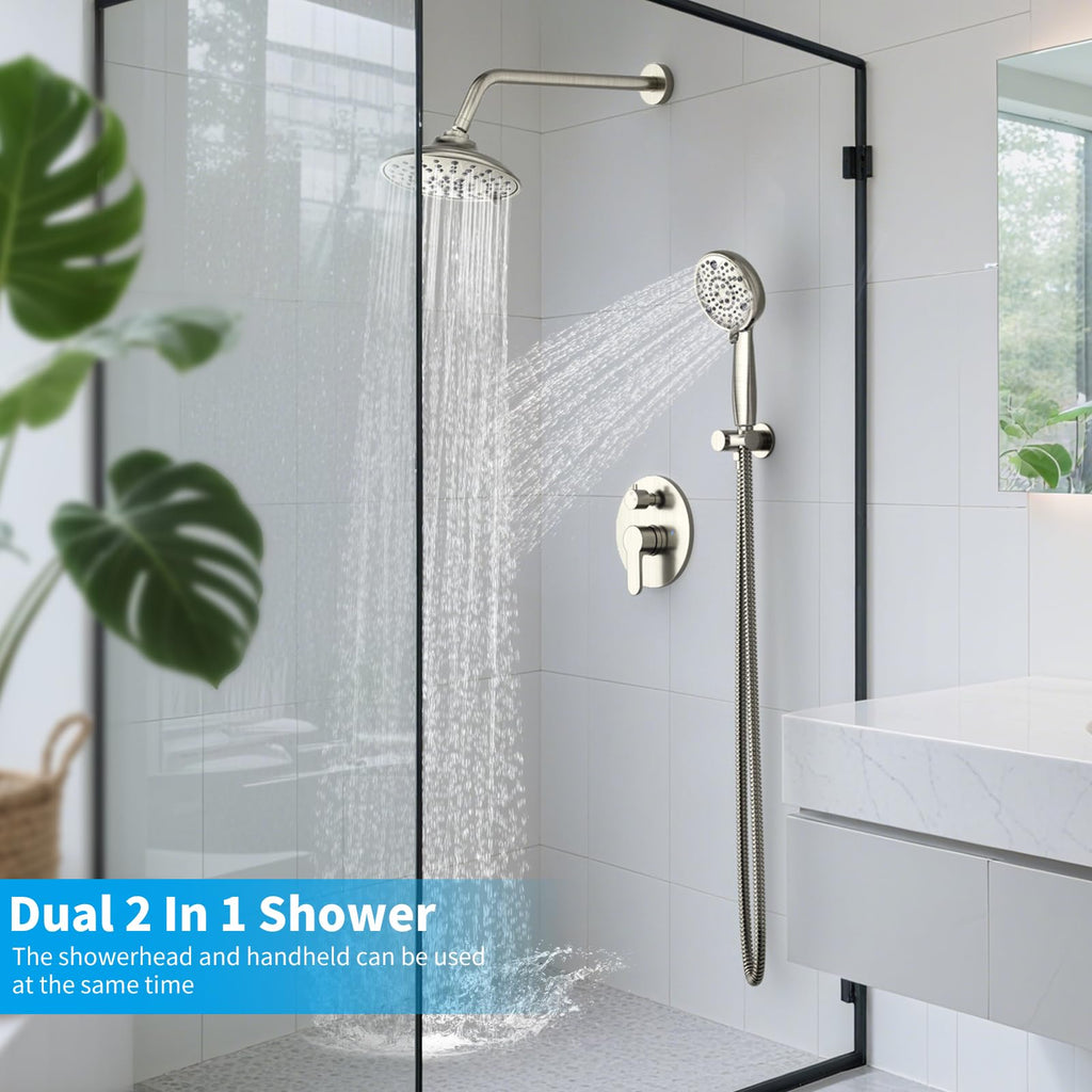 EMBATHER Shower Faucets Sets Complete, with 3 Setting High Pressure Shower Head Combo, Bathroom Wall Mounted Rainfall Shower System Fixtures with 8-Mode Handheld Spray, Brushed Nickel