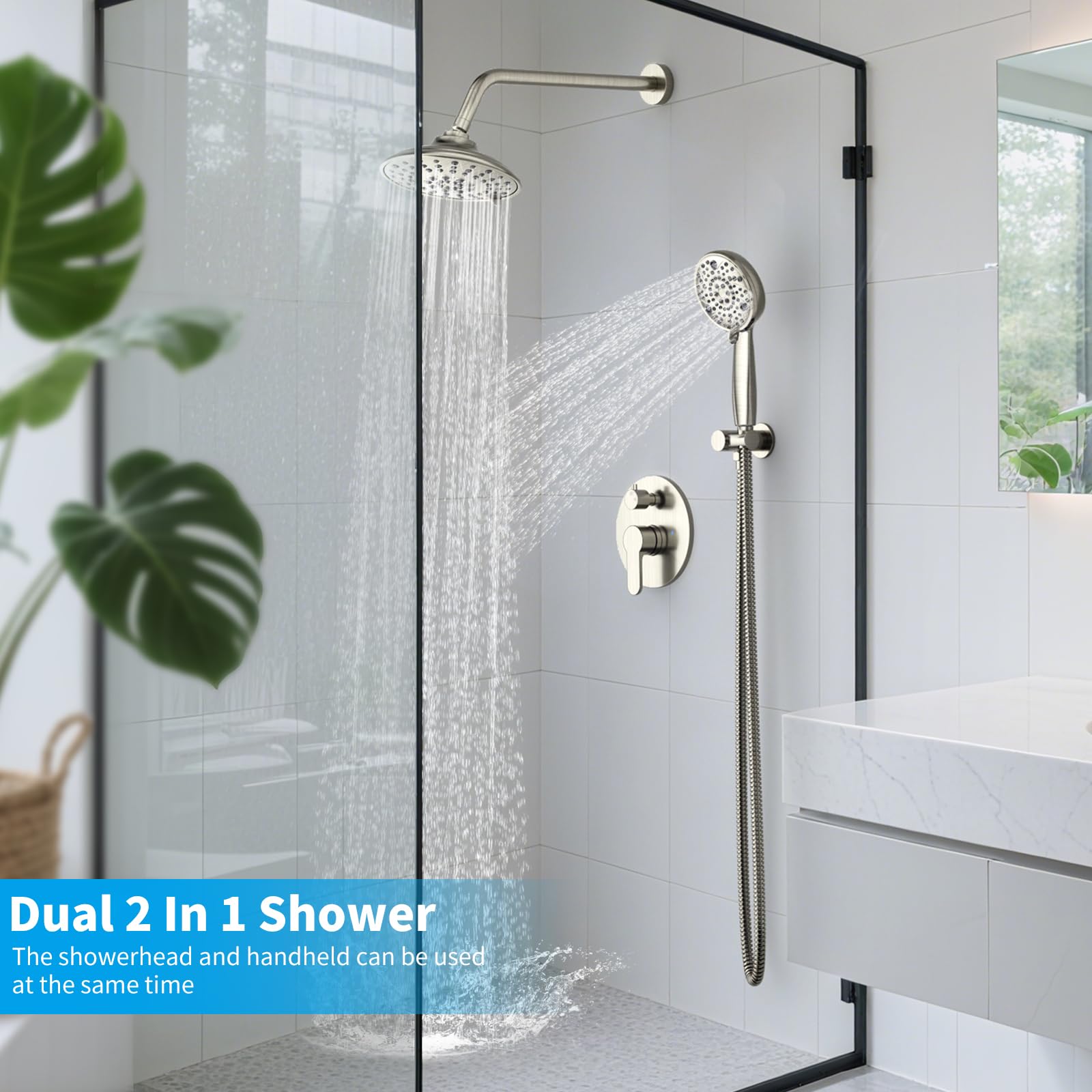 EMBATHER Shower Faucets Sets Complete, with 3 Setting High Pressure Shower Head Combo, Bathroom Wall Mounted Rainfall Shower System Fixtures with 8-Mode Handheld Spray, Brushed Nickel