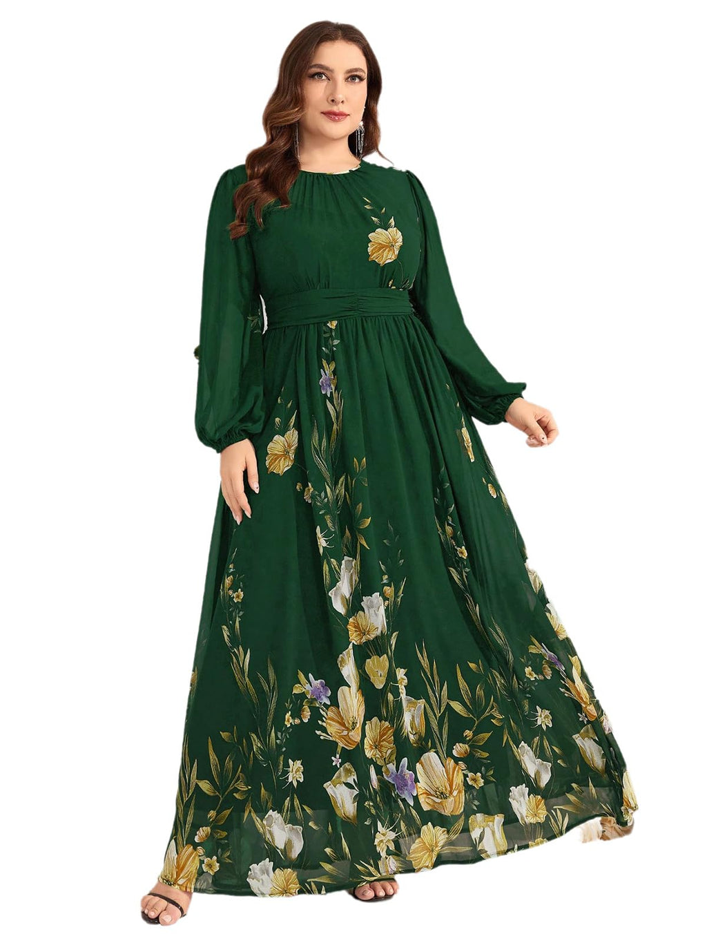 Spring Summer 2024 Plus Size Womens Dresses V Neck Casual Elegant Long Sleeve Floral Print Maxi Dress