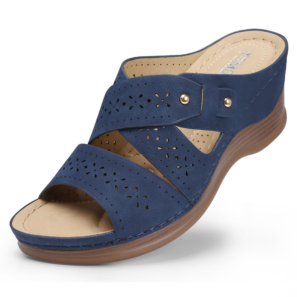 TEMOFON Wedge Sandals for Women Summer: Dressy Low Heel Sandals Black/Navy/White, Comfortable Walking, Arch support, Casual Slip on Summer Shoes, Size 5-11