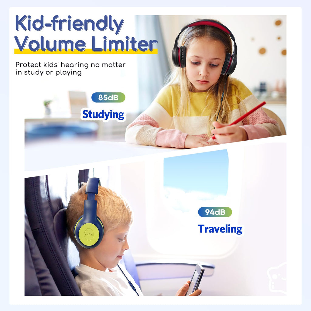 EarFun K1 Kids Headphones Wired with Microphone, 85/94dB Volume Limit Headphones for Kids, Portable Wired Headphone with Shareport, Stereo Sound Foldable Headset for School/Tablet/iPad, Black Red
