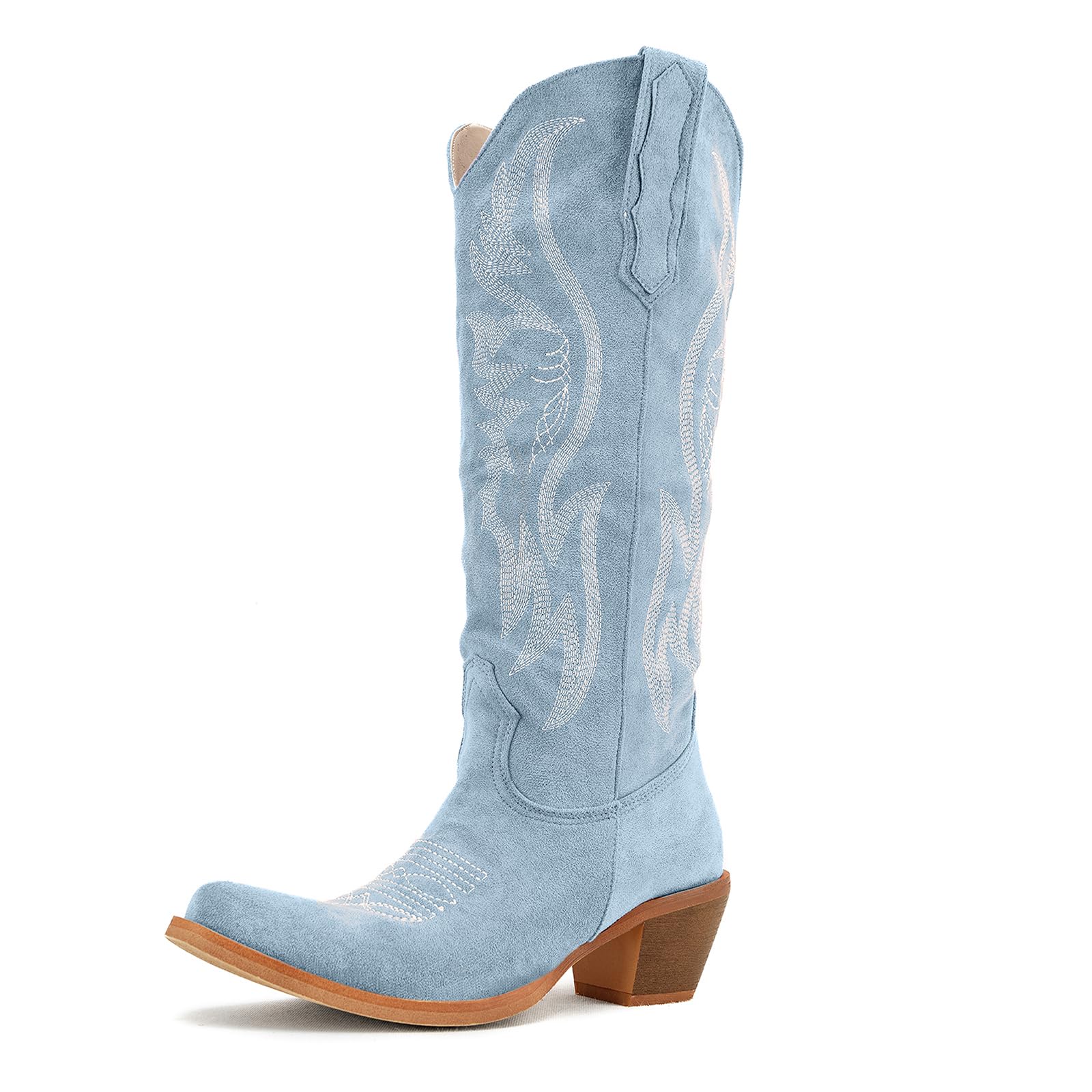 GORBINETI Women Cowboy Boots Mid Calf Cowgirl Western Boots Embroidered Suede Pull On Almond Toe Chunky Heel
