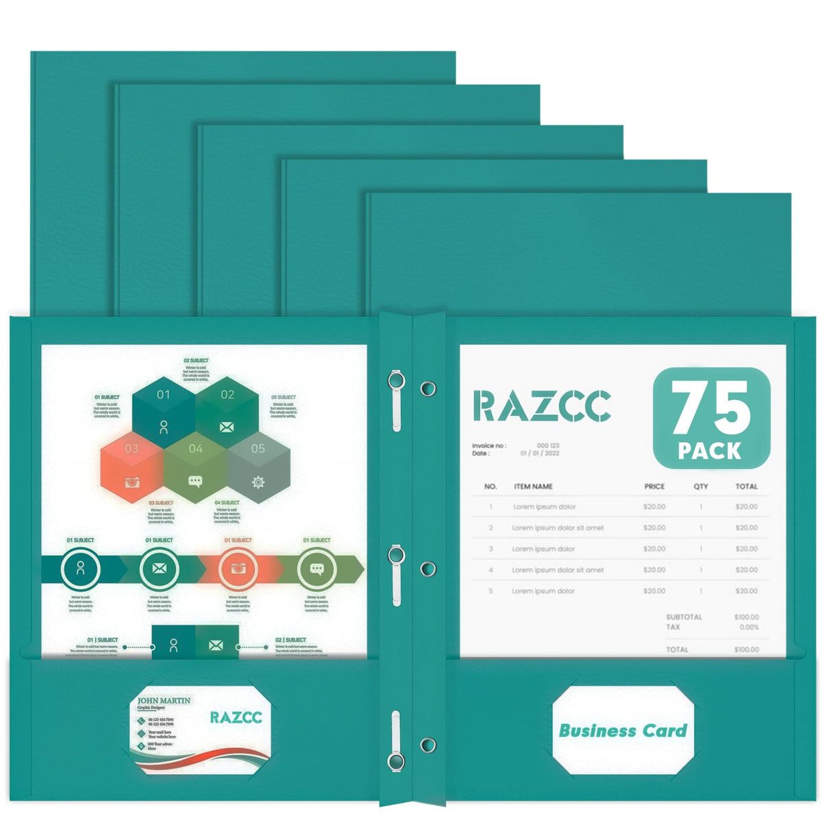 Two Pocket Folders, RAZCC 75 Pack Two Pocket Folders with Prongs, 3 Prong Pocket Folders Letter Size, Paper Folders with Prongs for School Office Home Business, Assorted 5 Colors