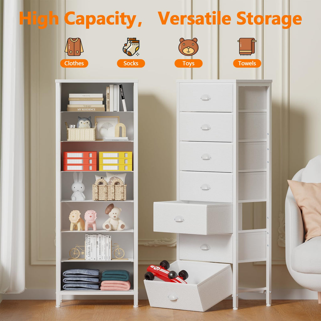 Furnulem Tall Dresser with 6 Drawers,Vertical Bedside End Table & Chest for Bedroom,Black Storage Tower Dorm Nightstand with Fabric Drawer Organizer Unit Furniture in Living Room,Closet,Hallyway