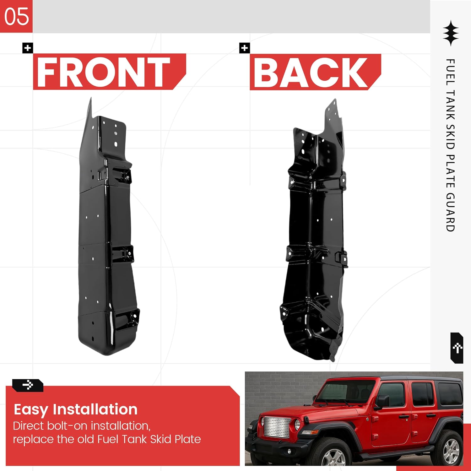 Fuel Tank Skid Plate Guard Compatible with 2007-2018 Jeep Wrangler 4 Door Powder Coated Heavy Duty Steel 52059747AD 52059747AE 52059747AF 52059747AG