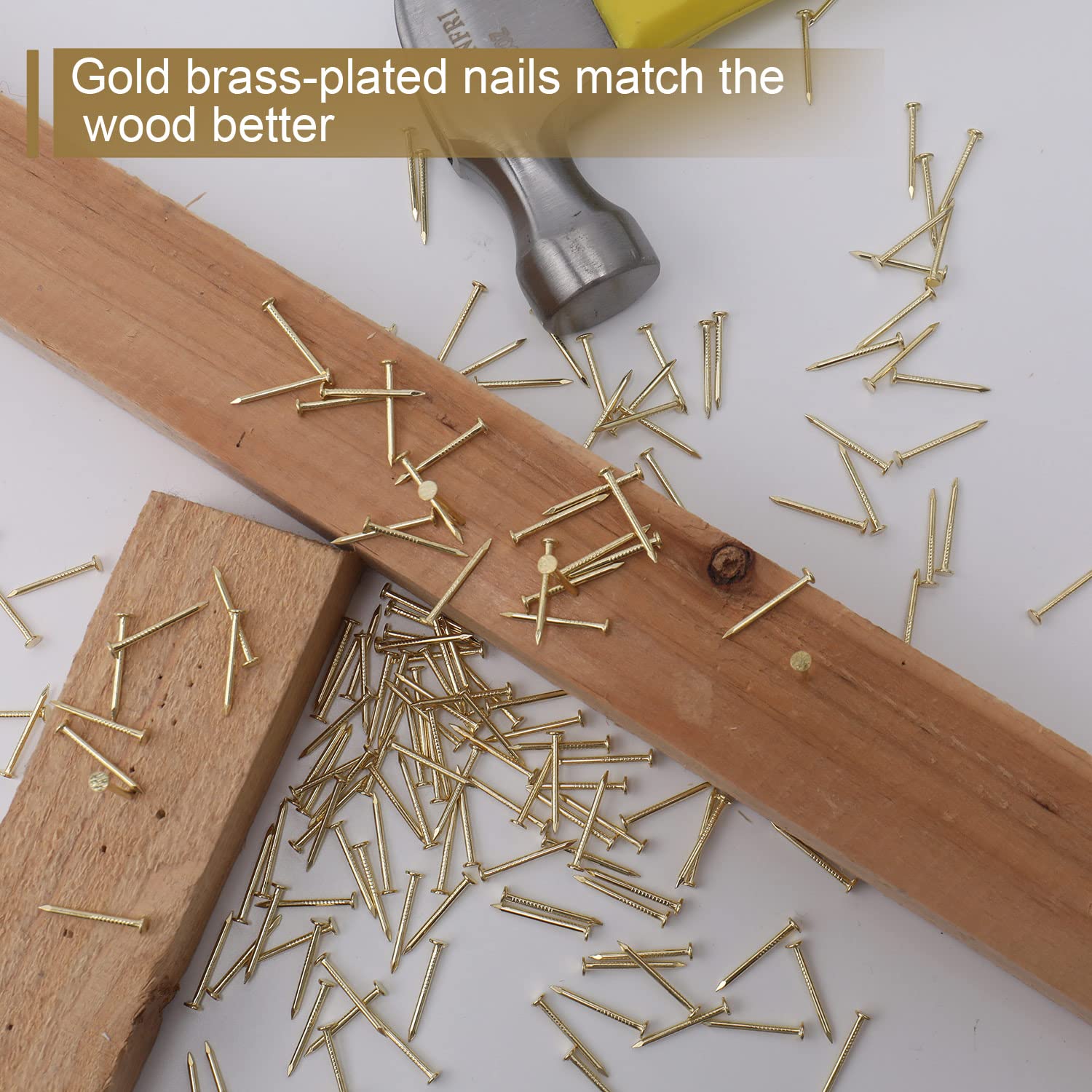 240pcs Gold Hardware Nails, 1-1/2” × 14 Ga Brass Plated Wood Nails, Nails for Hanging Wall Decor, Finishing Nails, Picture Hanging Nails, Wall Nails, Roofing Nails