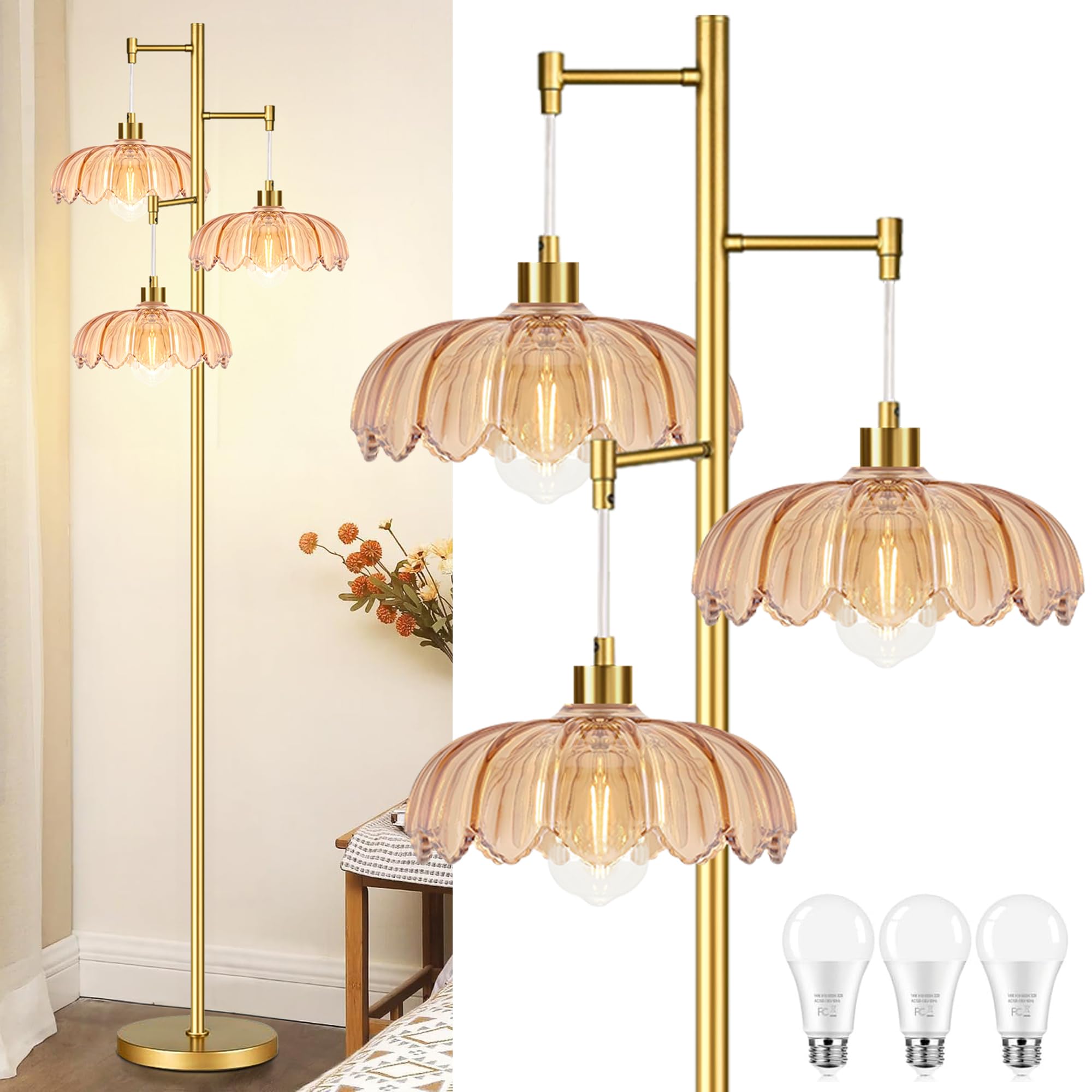 AHDWDW Gold Floor Lamp for Living Room Bedroom,Modern Floor Lamps with Unique Amber Glass Shades,68IN Mid Century Tall Flower Standing Lamp,Vintage 3 Lights Tree Floor Lamp for Corner Office Reading