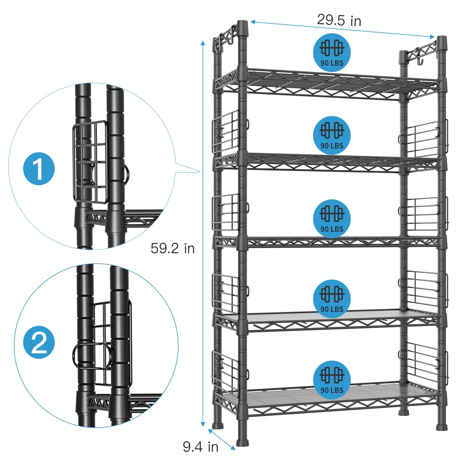 FUTASSI Metal Storage Rack, Storage Organizer Shelves for Kitchen, Bathroom, Living Room, Balcony and Garage, 5 Tiers Narrow Bookshelf, 21.2" W x 9.4" D x 59.2" H, Load 400lbs, Black