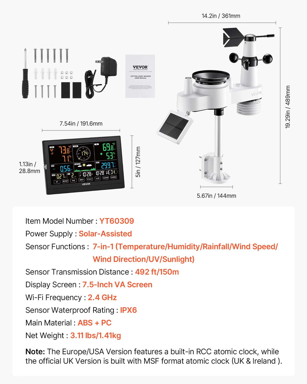 VEVOR 5-in-1 Wireless Weather Station, 7.5-Inch VA Display, Solar Powered Outdoor Sensor, Rain Gauge, Indoor Outdoor for Weather Forecast, Temperature, Humidity, Wind Speed and Direction (No WiFi)