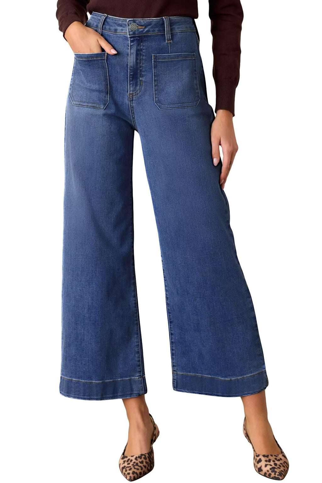 Allimy Women's High Waisted Cropped Wide Leg Jeans Stretchy Loose Denim Pants with Front Patch Pockets