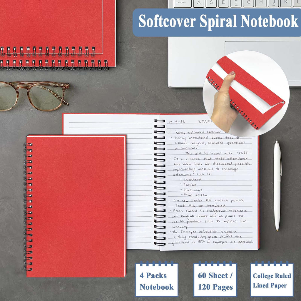 4Pack Small Spiral Notebook A5, 8.25x5.5” 120 Lined Pages Black & Red Wide Ruled Spiral Journal Bulk Blank Kraft Cover Spiral Bound Notebook & Writing Pads for Home Office Meeting Work Note Taking