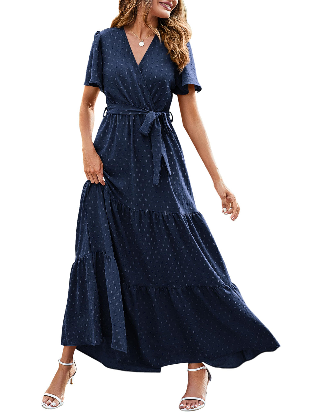 MASCOMODA Womens Summer Swiss Dot Maxi Dresses Wrap V Neck Flutter Short Sleeve Boho Casual Flowy Long Wedding Guest Dress