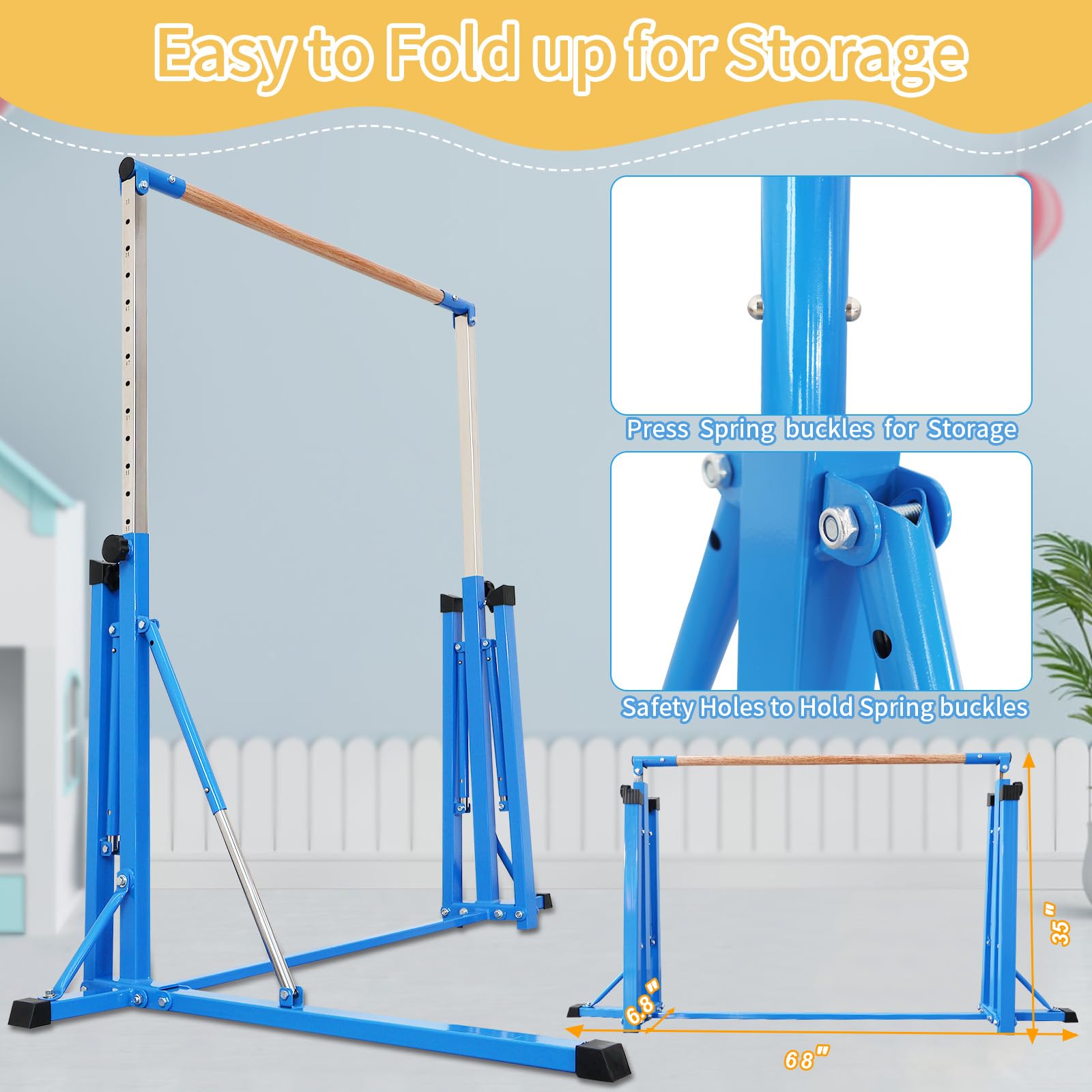 FC FUNCHEER Gymnastics Bar for Kids Ages 3-15, 35" to 60" Adjustable Height, 4FT Wide Base - Professional Kip Bar with 360° Stability & Fiberglass Crossbar, Easy Fold&Solid Design for Home Training