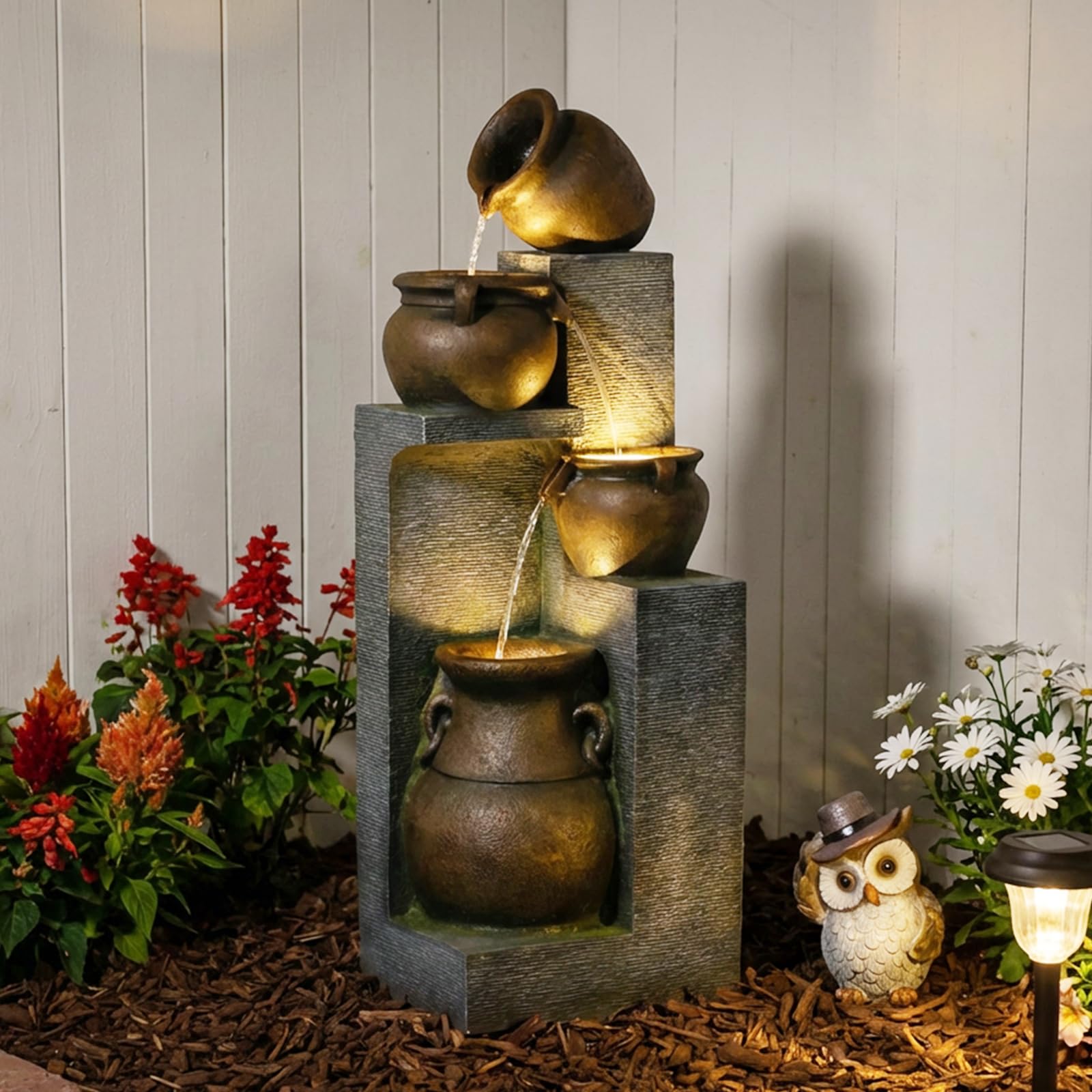 Bumilgar 2-Tier Bowl Water Fountain with LED Lights, 27.95" Tall Freestanding Outdoor & Indoor Garden Waterfall Fountain for Yard, Patio, Backyard, Floor Standing Home Decor