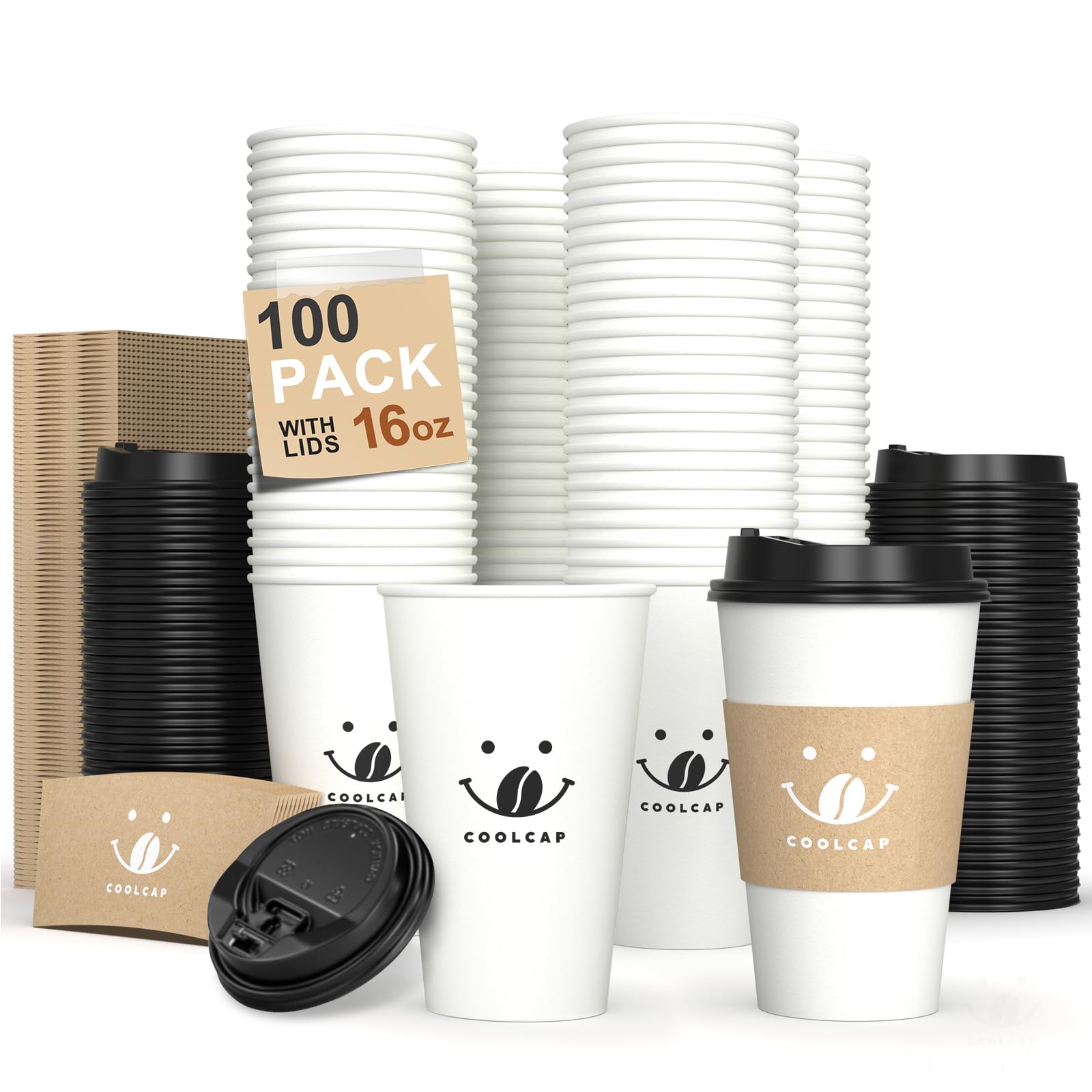 16 oz 100 Pack Corrugated Ripple Wall Disposable Coffee Cups with Lids and Straws, Heavy Duty Insulated Cups for Hot Beverage or Cold Drinks, Bulk for Restaurants, Offices, Coffee Shops(Black)