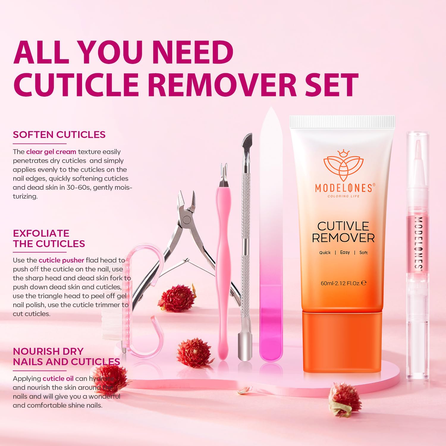 Modelones Cuticle Remover Kit Cuticle Remover Liquid & Cuticle Oil Pen Nail Kit w/Cuticle Trimmer Nail Stuff & File Cuticle Pusher & Nippers Manicure Kit for Women Nail Tools Manicure Set Nail Care