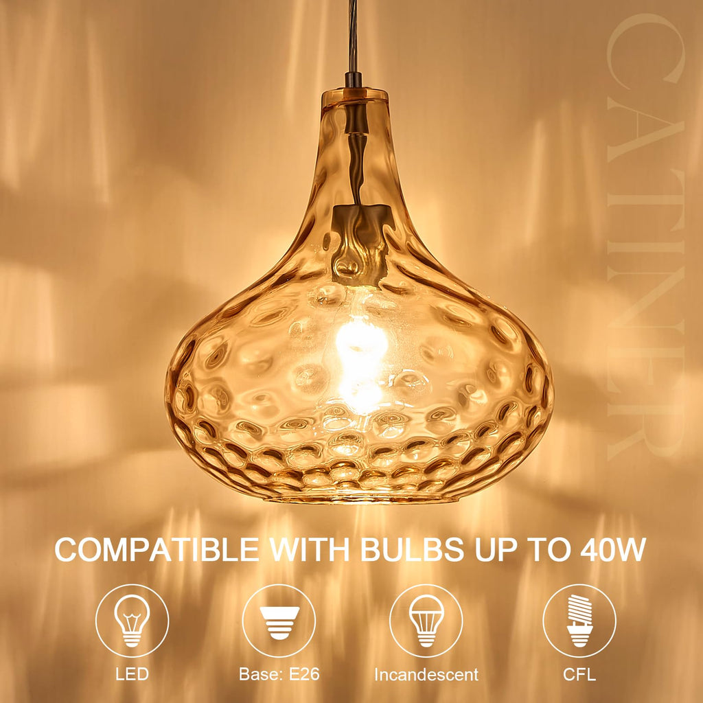 Glass Large Pendant Lights for Kitchen Island Blown Glass Pendant Light Clear Hammered Shade Hanging Ceiling Lights with Black Finish for for Kitchen Island, Sink, Hallway, Living Room 11 inch