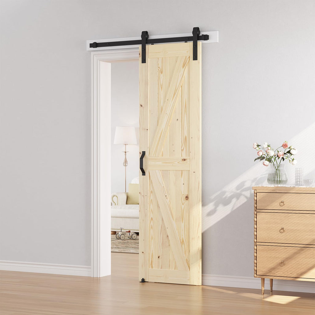 SmartStandard 24in x 80in Sliding Barn Wood Door Pre-Drilled Ready to Assemble, DIY Unfinished Solid Spruce Wood Panelled Slab, Interior Single Door Only, Natural, K-Frame (Fit 4FT Rail)