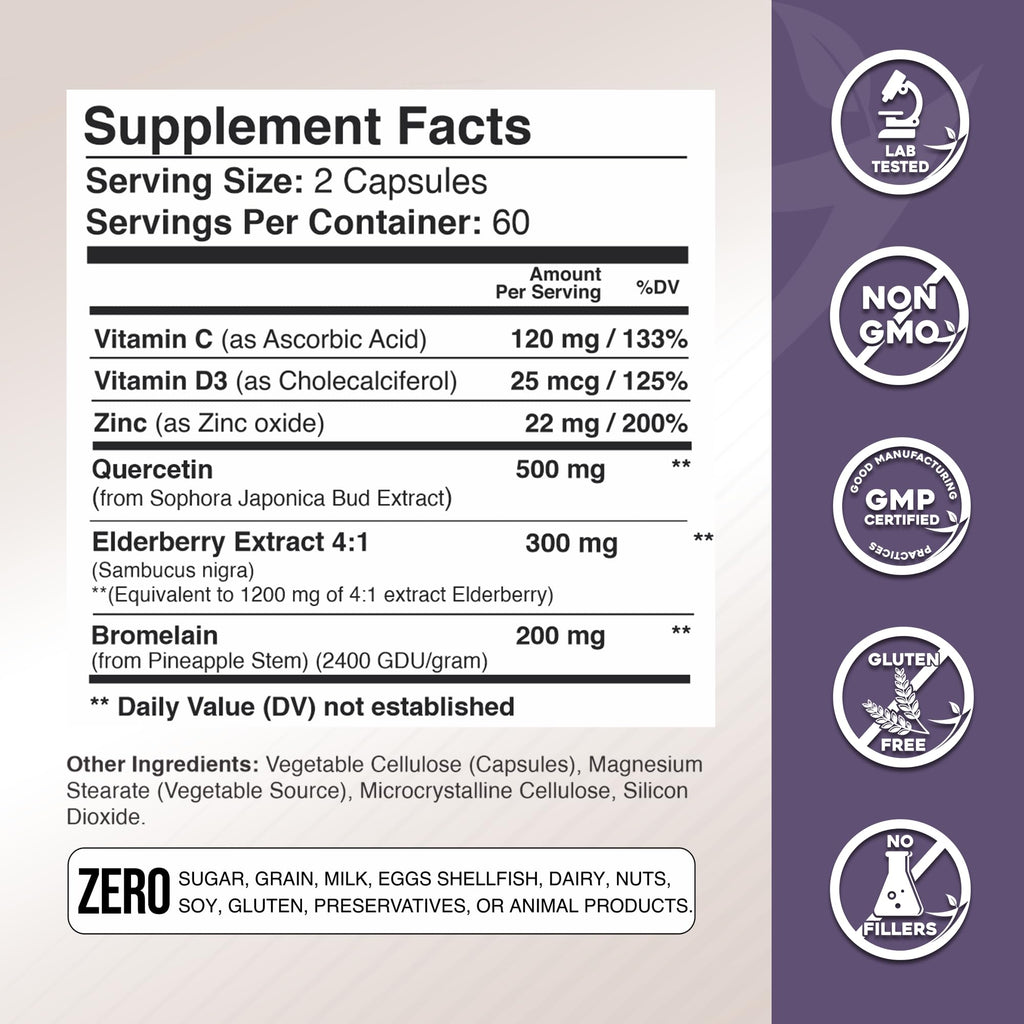 Gade Nutrition Quercetin with Bromelain Elderberry Vitamin C and Zinc | Sambucus Immune Support Supplement 500mg Capsules | Gluten-Free | Made in USA | 2 Month Supply Third Party Tested