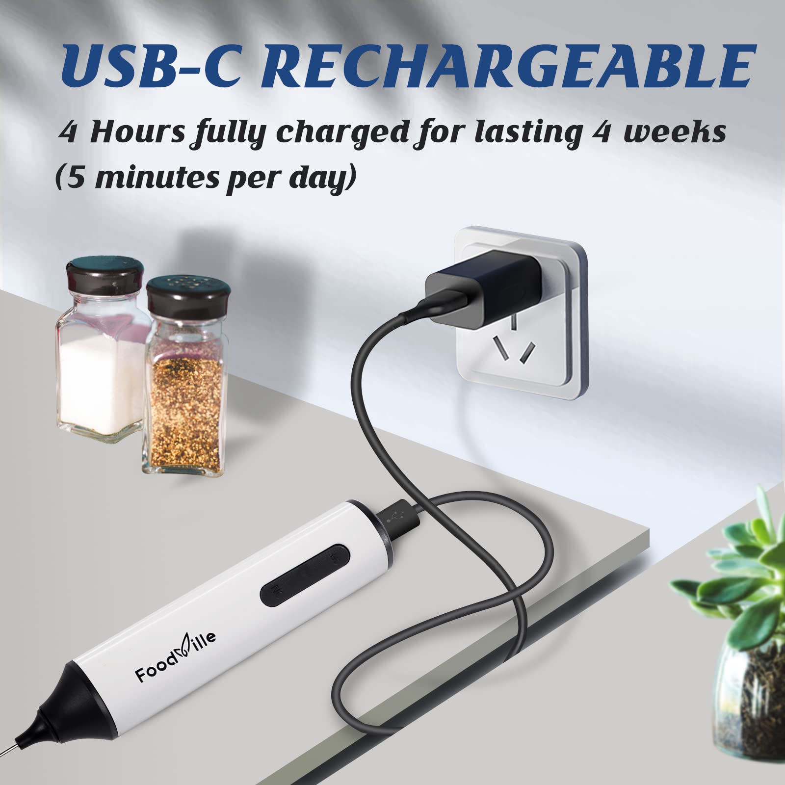 FoodVille MF05 Rechargeable Milk Frother USB Charging Handheld Foam Maker with Stainless Balloon Whisk for Cappuccino, Latte, Bulletproof Coffee, Keto Diet, Protein Powder, Matcha (Black)