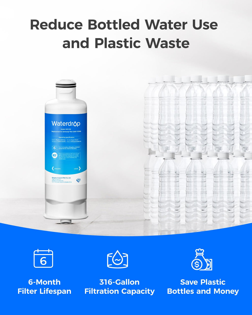 Waterdrop WD-F45 Refrigerator Water Filter, Replacement for Samsung® DA97-17376B HAF-QIN RF28R7201SR, RF28R7351SG