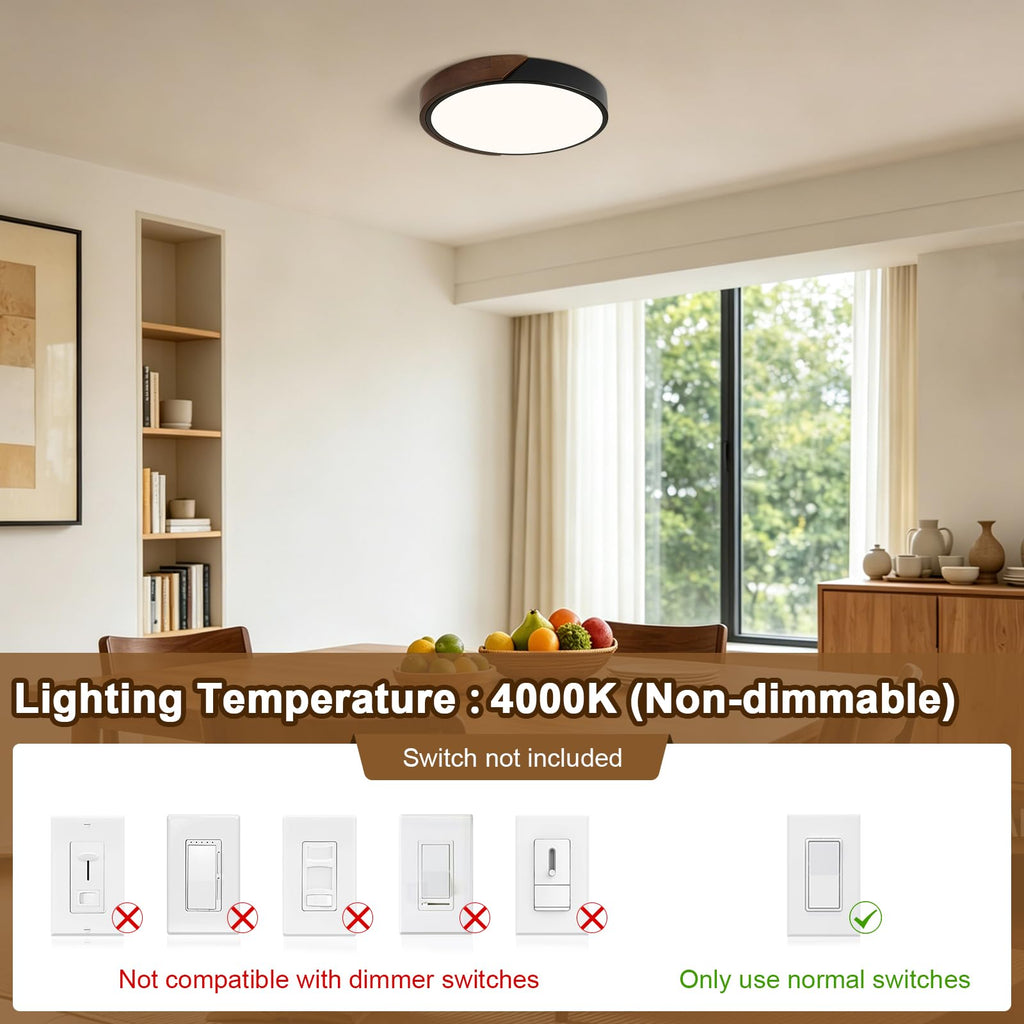 Modern LED Ceiling Light, Minimalist Wood Dimmable Flush Mount Ceiling Light Fixture, Round 5CCT Lighting Lamp with Acrylic Lampshade for Bedroom Hallway Kitchen Laundry, Black 11.8"
