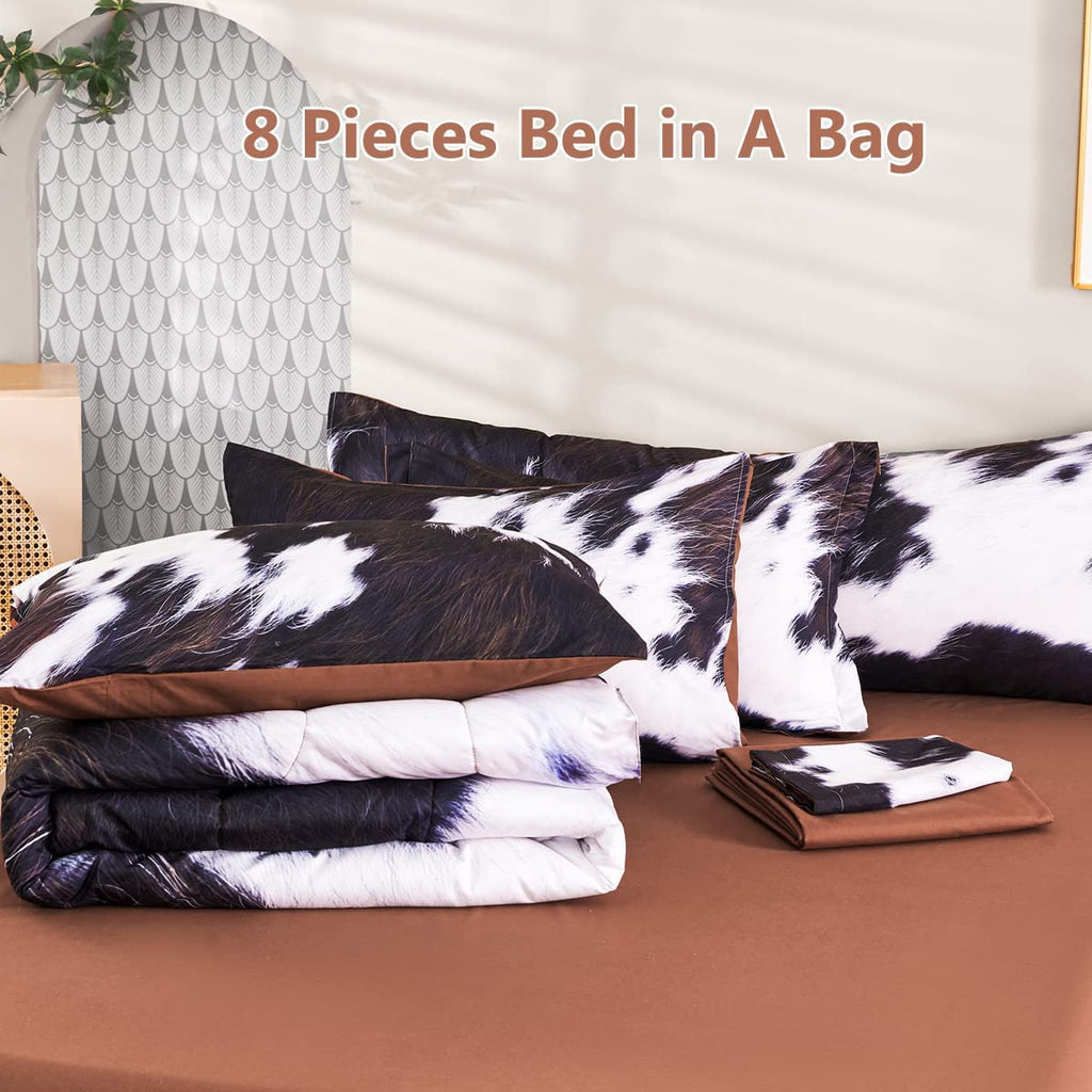 SUCSES Full Size Comforter Set with Sheets 8 Piece Cow Print Bedding Set for Boys Girls Black and White Kids Bed-in-A-Bag Farmhouse Rustic Bed Set for Bedroom (Milk Cow, Full)