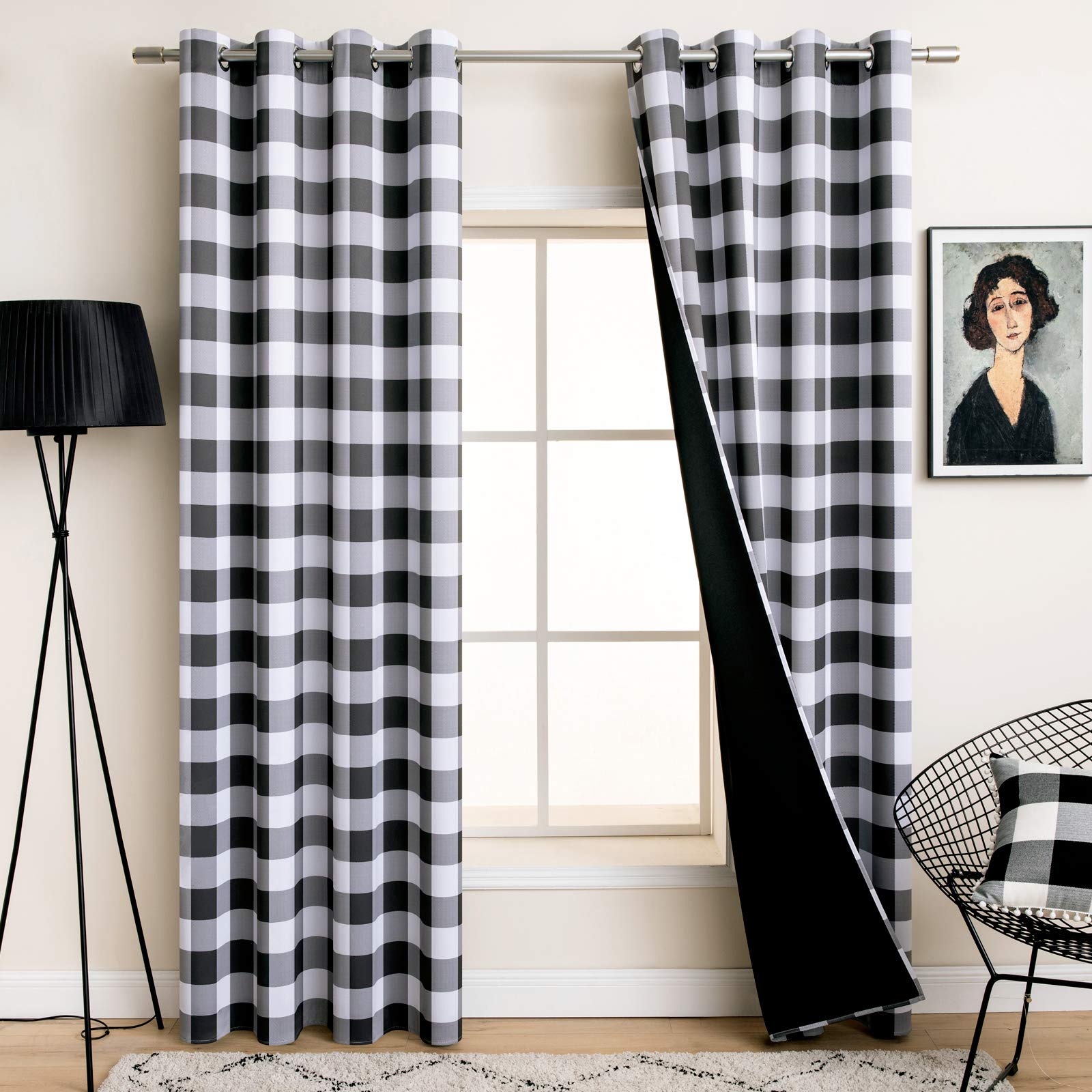 MIULEE Buffalo Plaid Curtains for Farmhouse Bedroom, Blackout Window Drapes with Grommets for Living Room Darkening Light Blocking and Thermal Insulated Set of 2 Panels, W 52" x L 63" Black and White