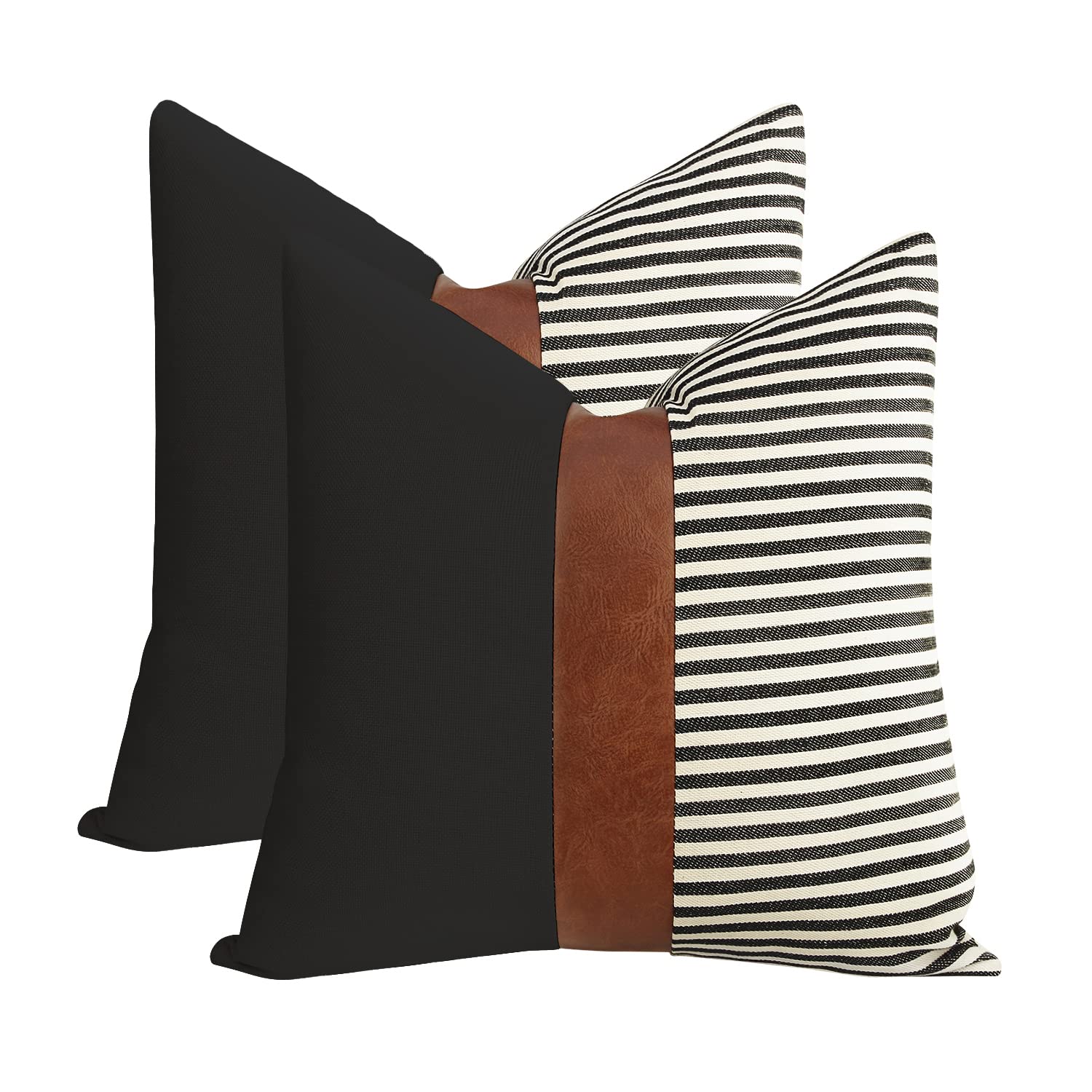 16x16 inch Pillow Covers Set of 2 Farmhouse Decor Stripe Patchwork Linen Throw Pillow Covers Modern Faux Leather Covers for Couch Sofa,Black