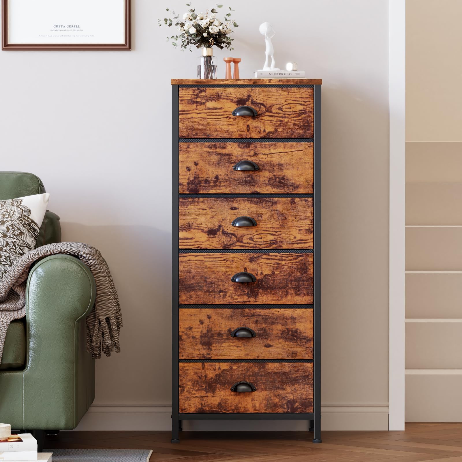 Furnulem Tall Dresser with 6 Drawers,Vertical Bedside End Table & Chest for Bedroom,Black Storage Tower Dorm Nightstand with Fabric Drawer Organizer Unit Furniture in Living Room,Closet,Hallyway