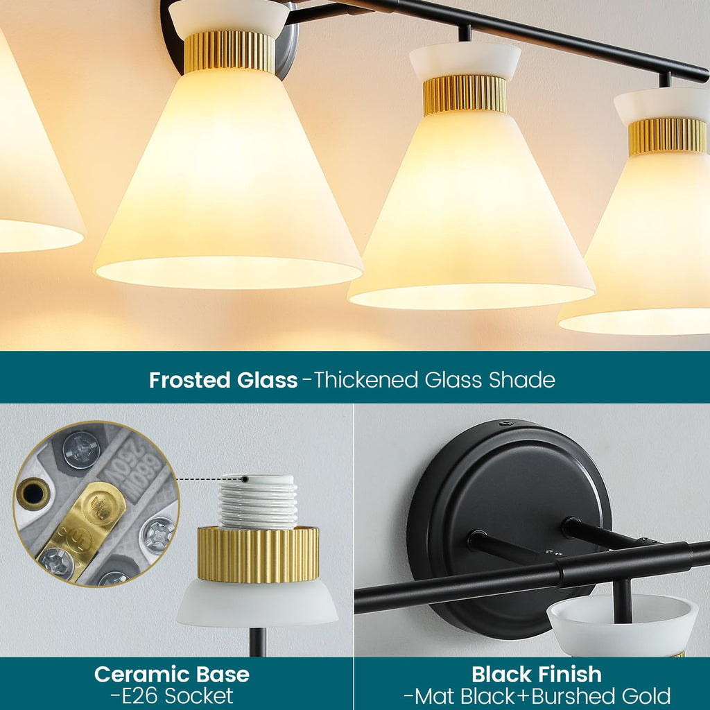 WOSHITU Gold Bathroom Light Fixtures: Modern Vanity Lighting Fixtures 2 Lights for Bathroom Mid Century Vanity Light Sconces Over Mirror with Frosted Milky Glass for Bath Bedroom Makeup
