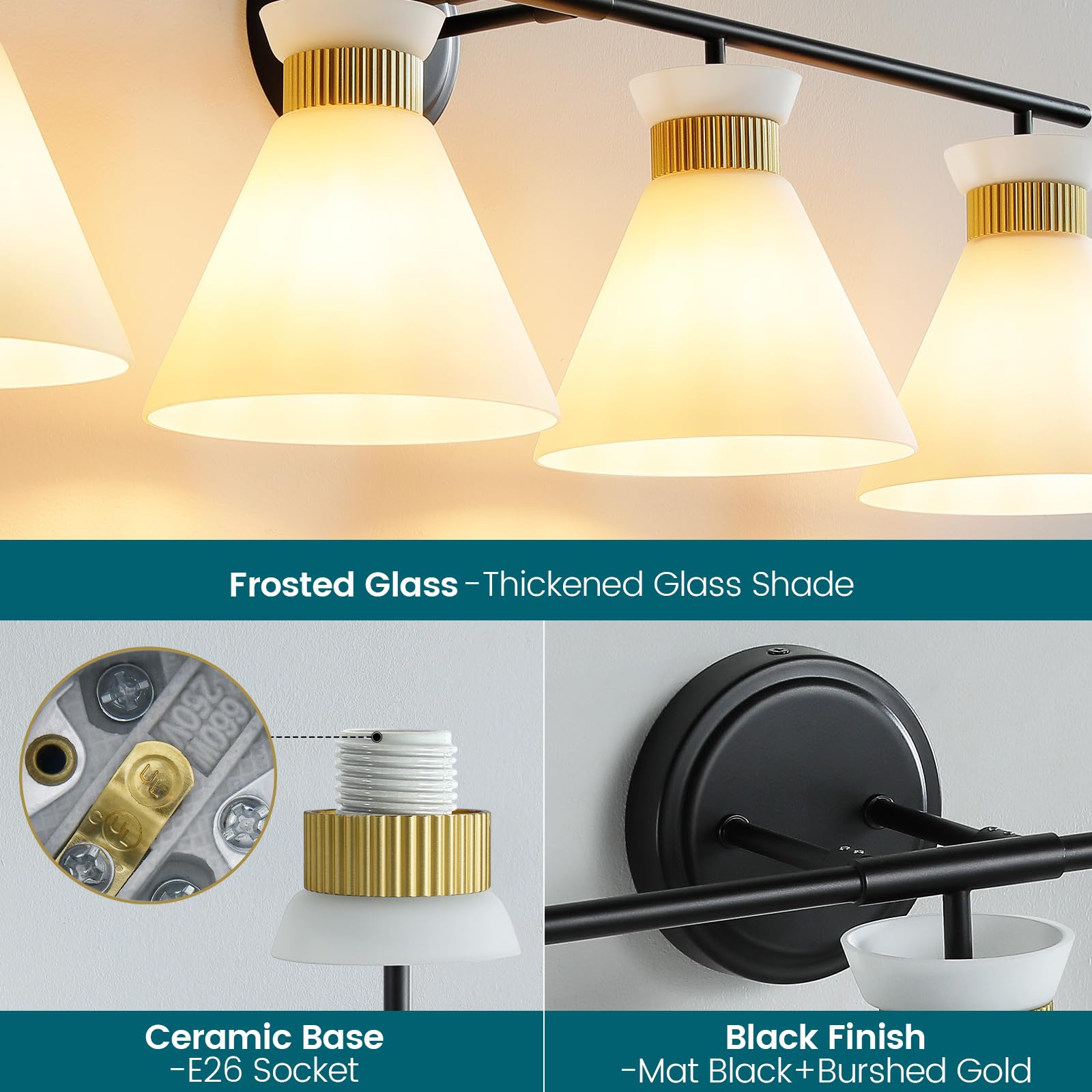 WOSHITU Gold Bathroom Light Fixtures: Modern Vanity Lighting Fixtures 2 Lights for Bathroom Mid Century Vanity Light Sconces Over Mirror with Frosted Milky Glass for Bath Bedroom Makeup