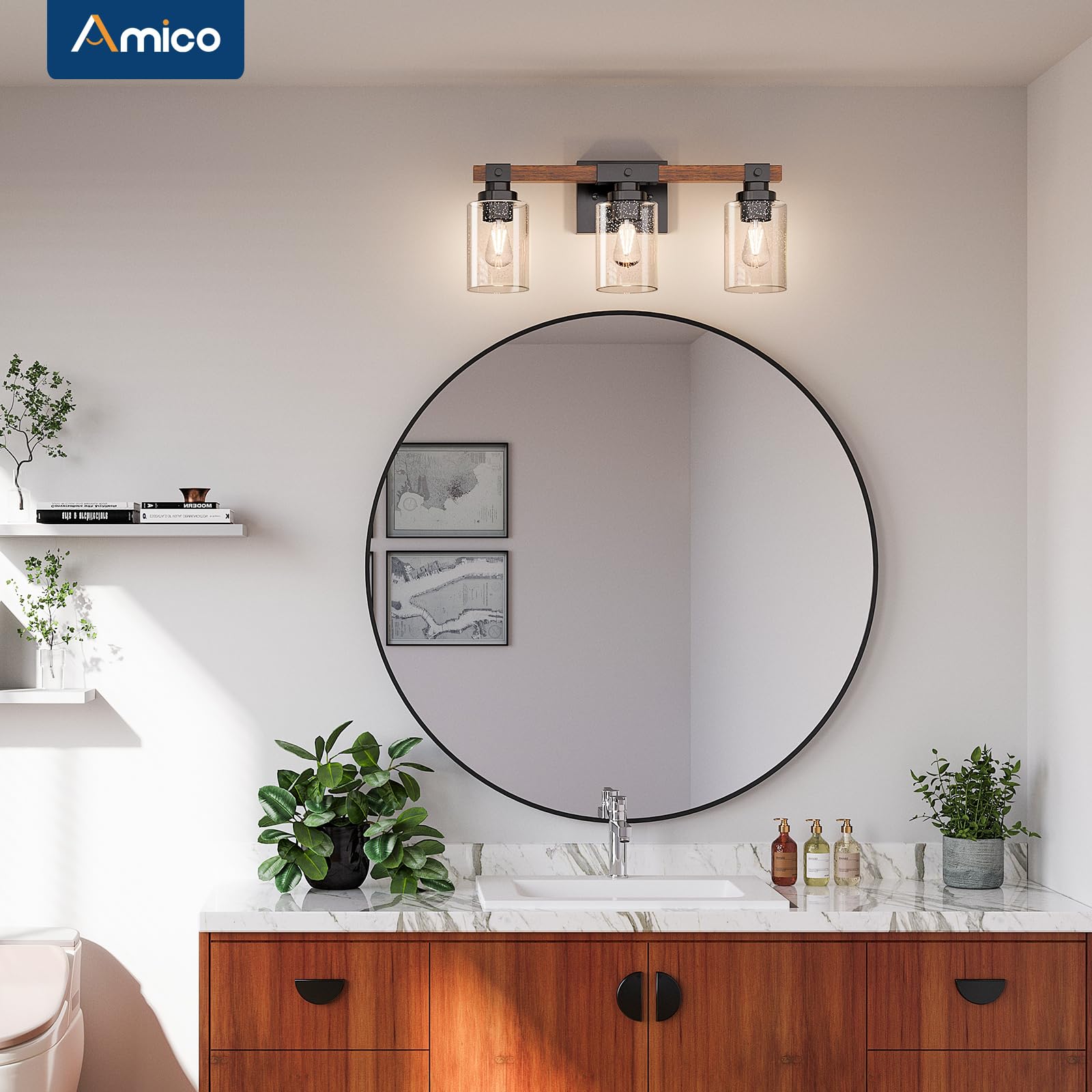 Amico 3-Light Farmhouse Vanity Light Fixture, Rustic Wood Bathroom Light Fixtures, Industrial Vintage Black Wall Sconces Lights with Bubble Glass Shade for Mirror, Bedroom, Living Room, Hallway