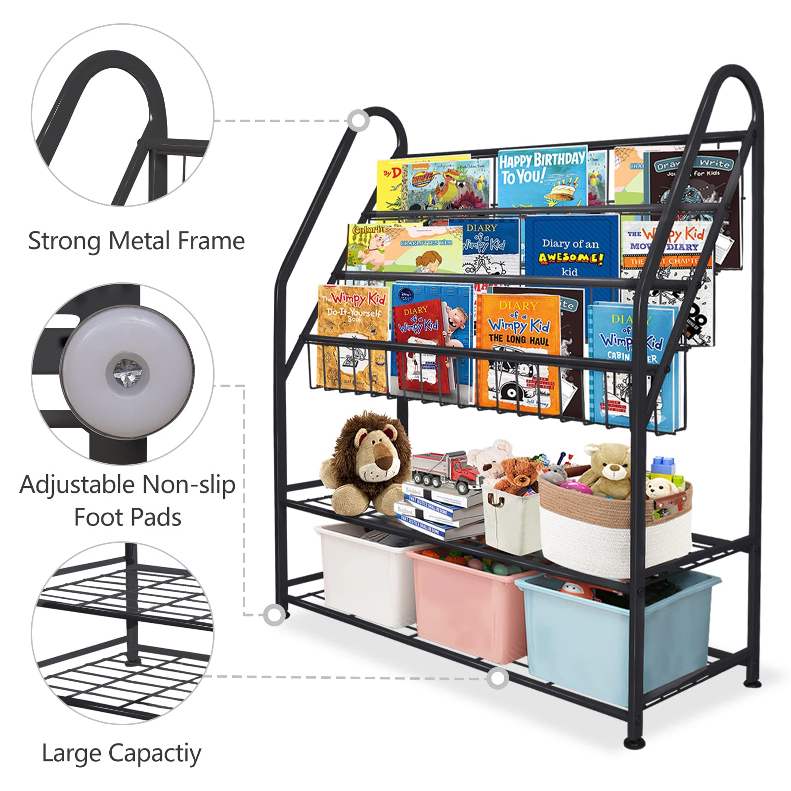 aboxoo Metal Kids Bookshelf Black Large Freestanding for Children Room 32 in Toy Organizer Large Stable Bookcase Bookstore Library Book Unit Storage Kids Bed Living Room