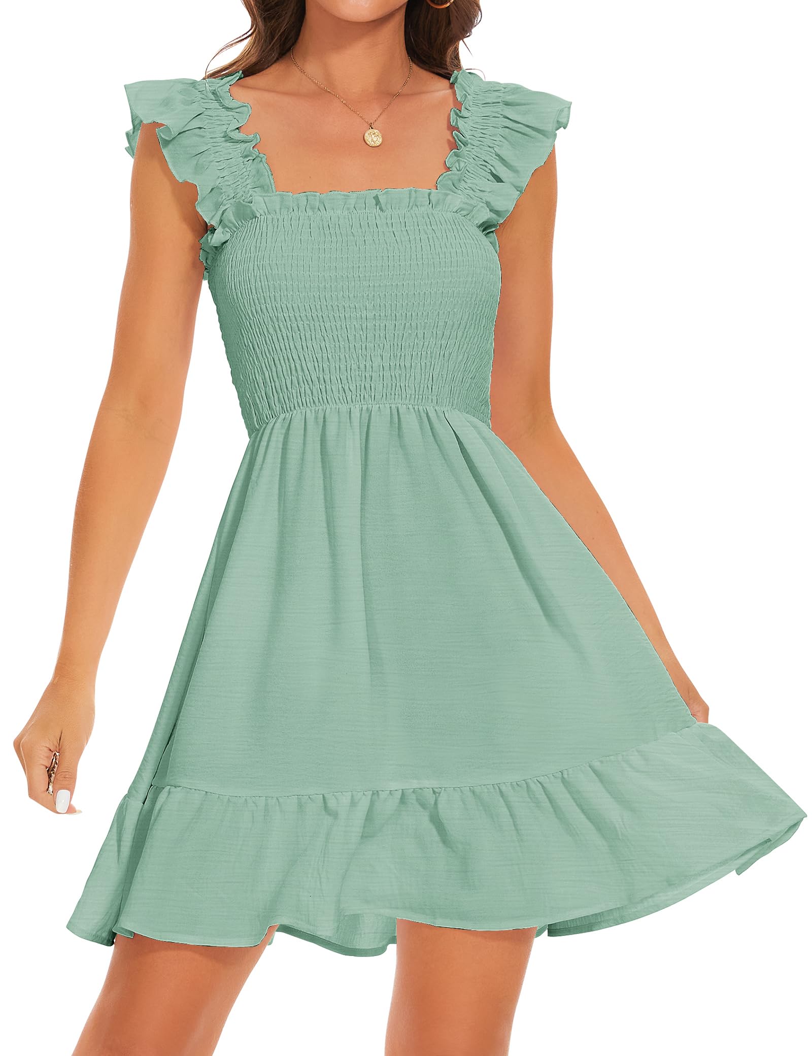 ROYLAMP Women's Smocked Dresses Square Neck Elegant Tiered Boho Ruffle Shoulder Swing Flowy Summer Casual Mini Dress