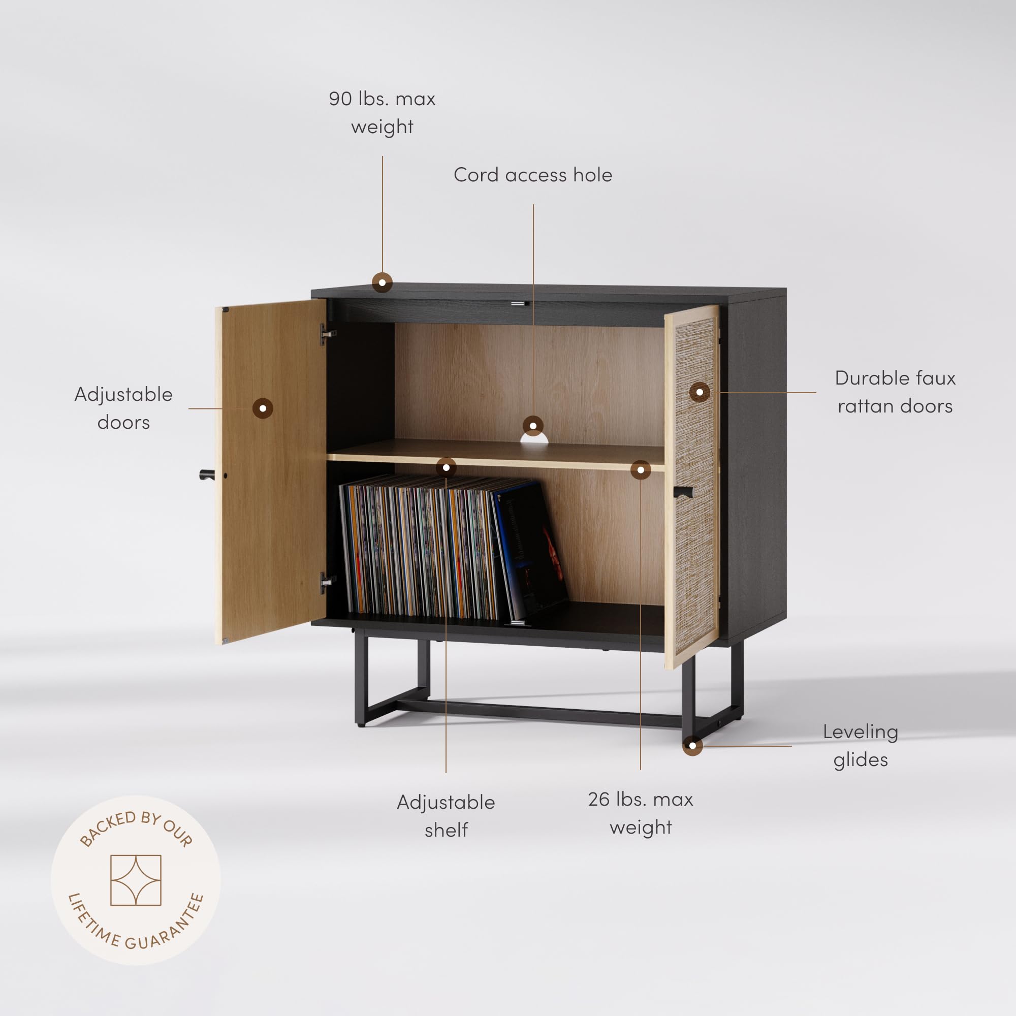Nathan James Kova Rattan Wood Accent Sideboard Storage Cabinet with Matte Metal Frame, Adjustable Interior Shelves and Cane Doors, for Hallway, Entryway or Living Room, Black Oak/Cane