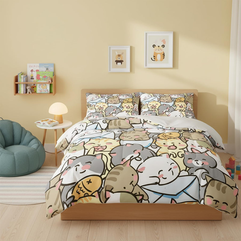 QOOMO Floral Cat Comforter Twin Size,Pink Cat Bedding Set for Kids Teens Girls,3Pcs Bedding Set Printed Comforter with 2 Pillowcases,Down Alternative,Soft and Lightweight(Pink，Twin Size)