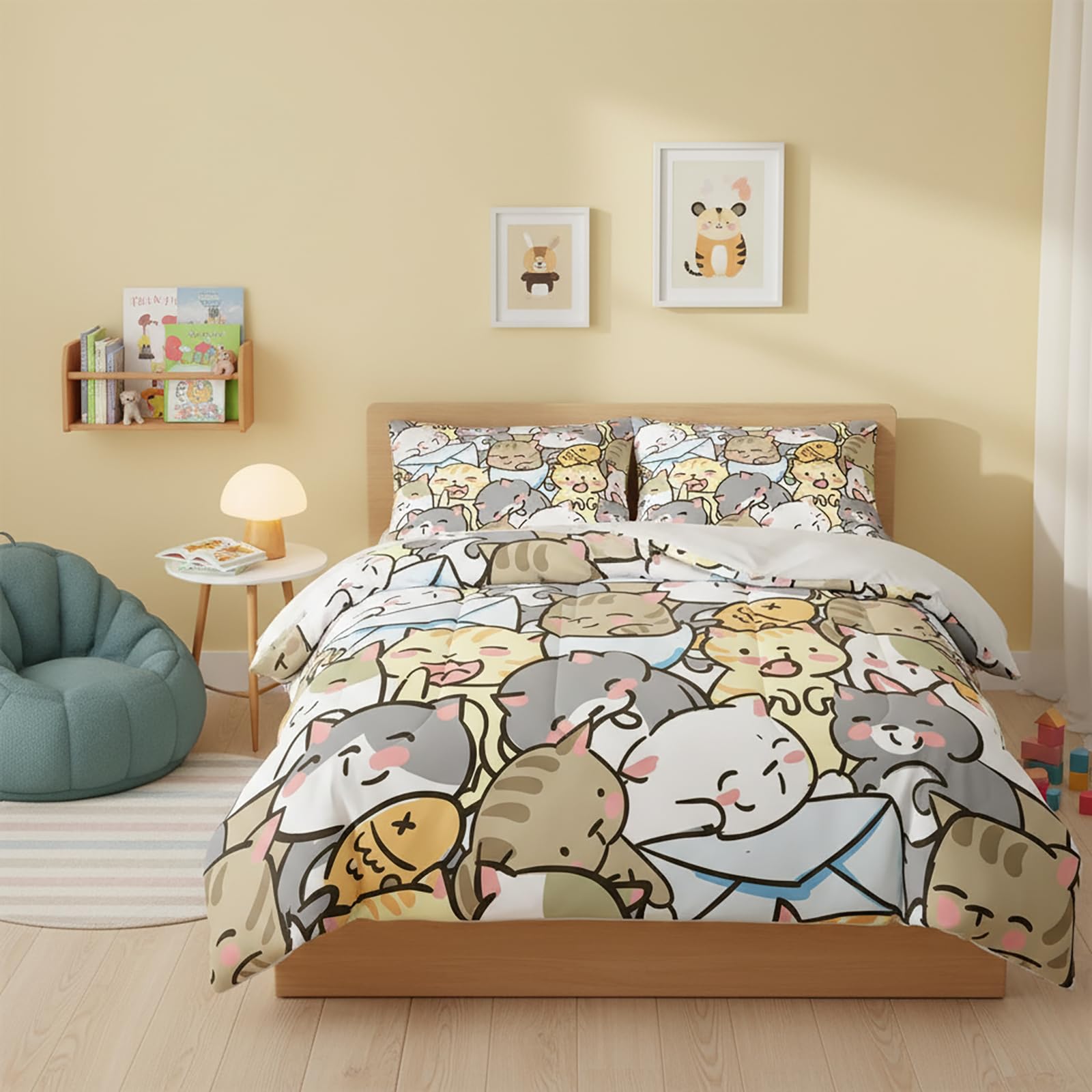 QOOMO Floral Cat Comforter Twin Size,Pink Cat Bedding Set for Kids Teens Girls,3Pcs Bedding Set Printed Comforter with 2 Pillowcases,Down Alternative,Soft and Lightweight(Pink，Twin Size)