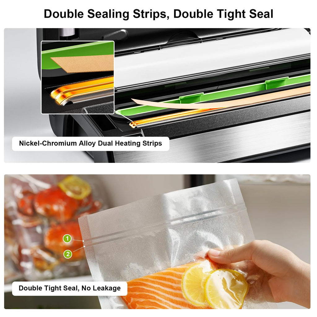 Gasbye 95kPa Precision Vacuum Sealer Machine, Double Heat Seal for Dry/Moist Food, Easy-Lock Handle, Built-in Bag Storage & Cutter, Progress Display, Pulse Mode, Removable Drip Tray, Silver