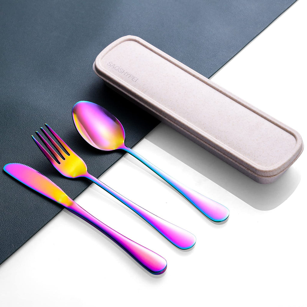 SAOSHYPEI 4-Piece Portable Utensils Set with Travel Case, Reusable Food-Grade Stainless Steel Silverware (Knife, Fork, Spoon), Dishwasher Safe Flatware for Camping, Work Lunch & Picnic, Black