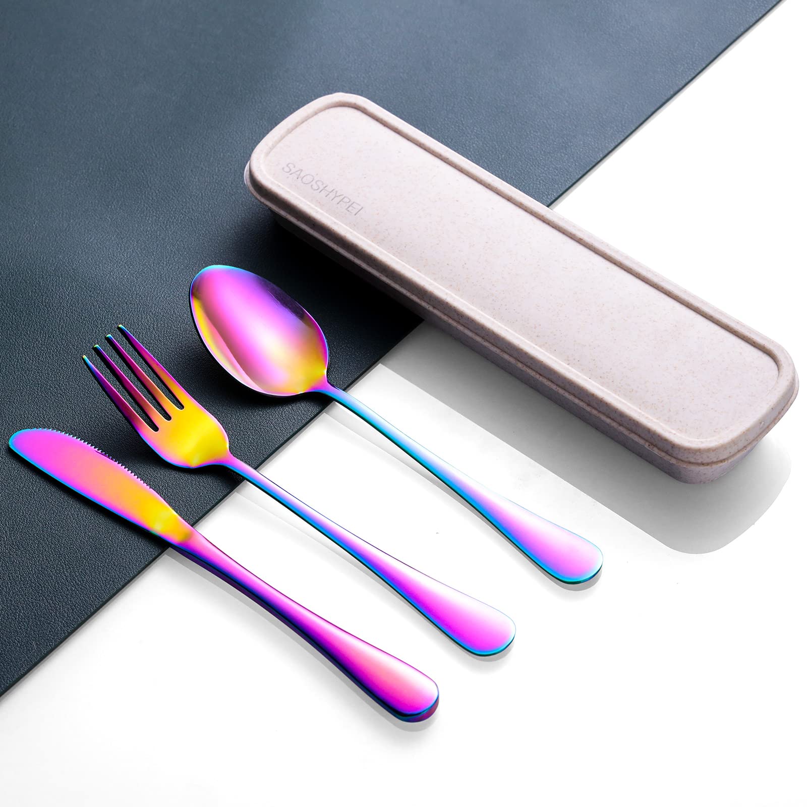 SAOSHYPEI 4-Piece Portable Utensils Set with Travel Case, Reusable Food-Grade Stainless Steel Silverware (Knife, Fork, Spoon), Dishwasher Safe Flatware for Camping, Work Lunch & Picnic, Black